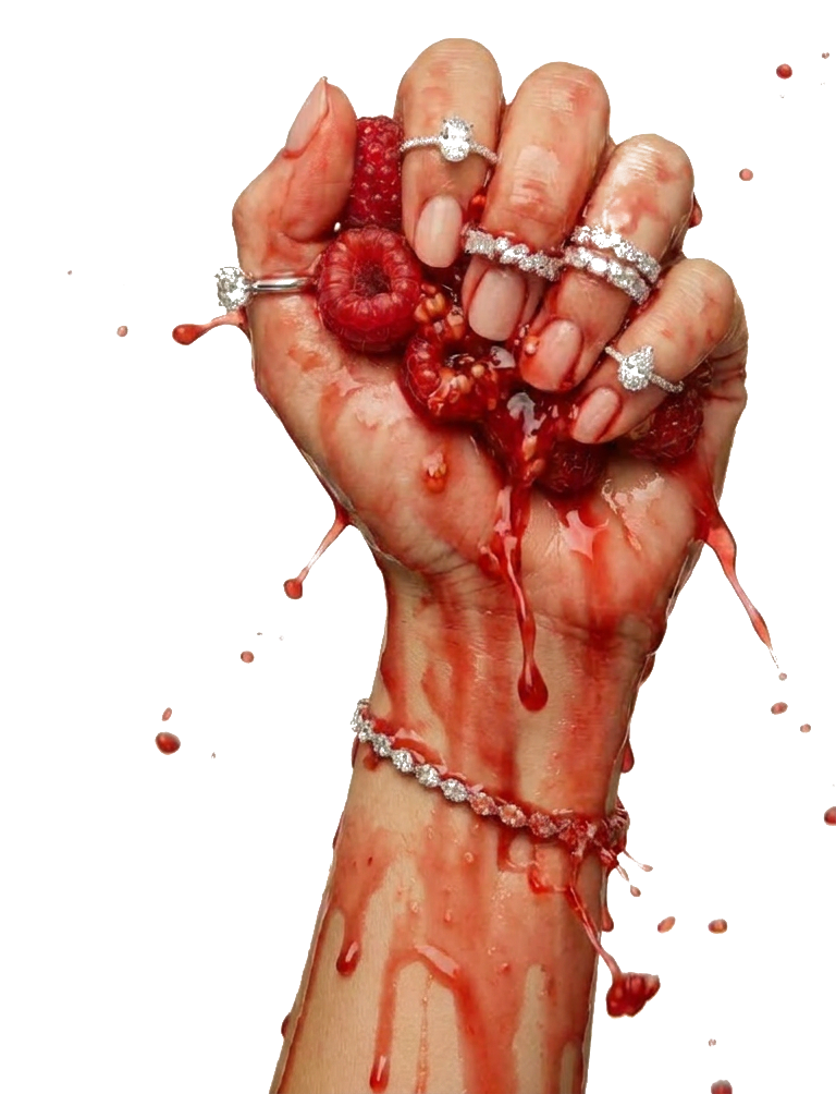 Hand wearing Mûre rings and a diamond bracelet, crushing raspberries