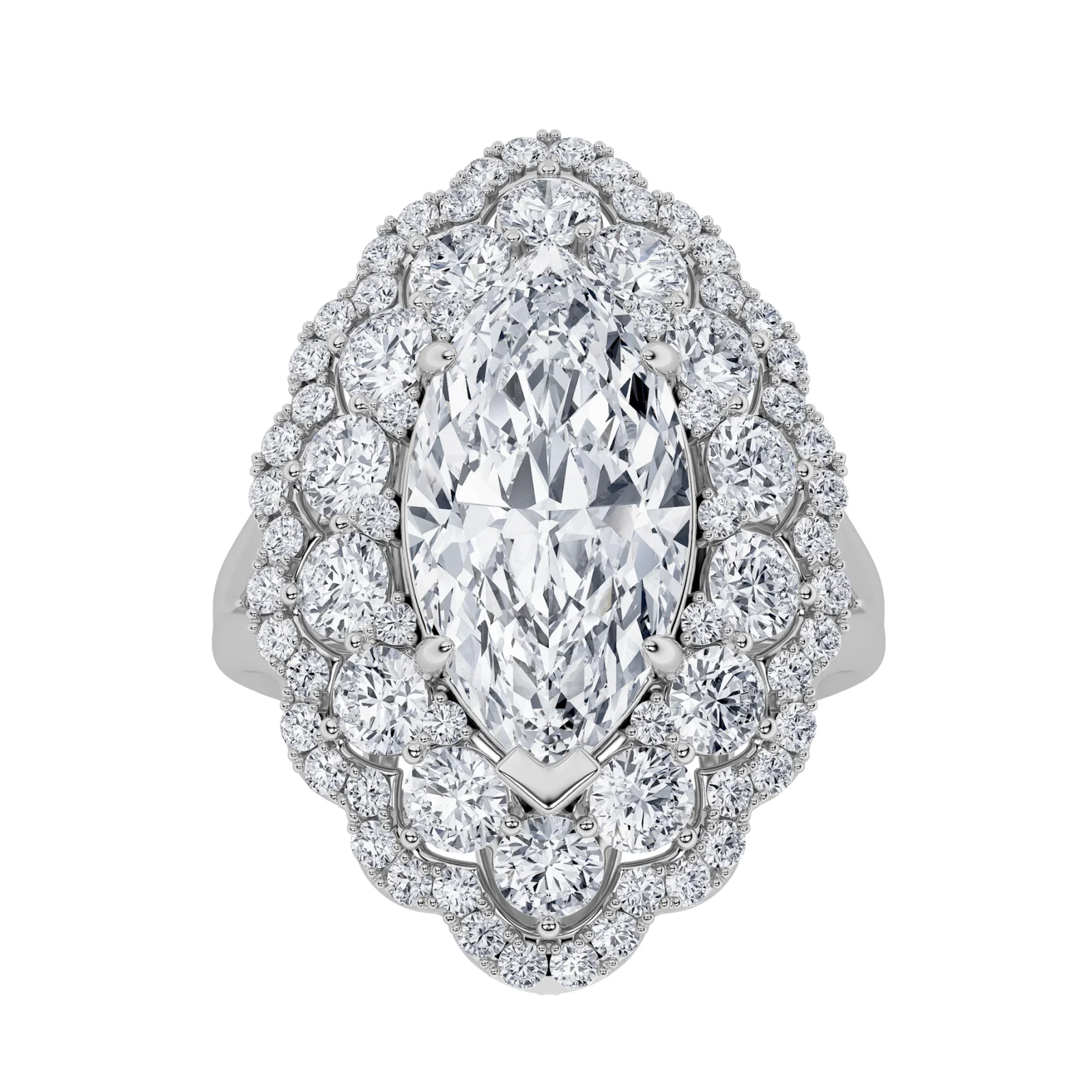 Halo marquise statement engagement ring, white gold with double halo
