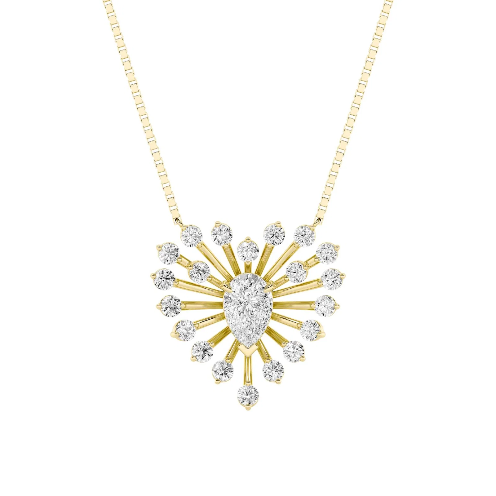 Pear necklace, yellow gold burst pendant with pear-cut diamond center