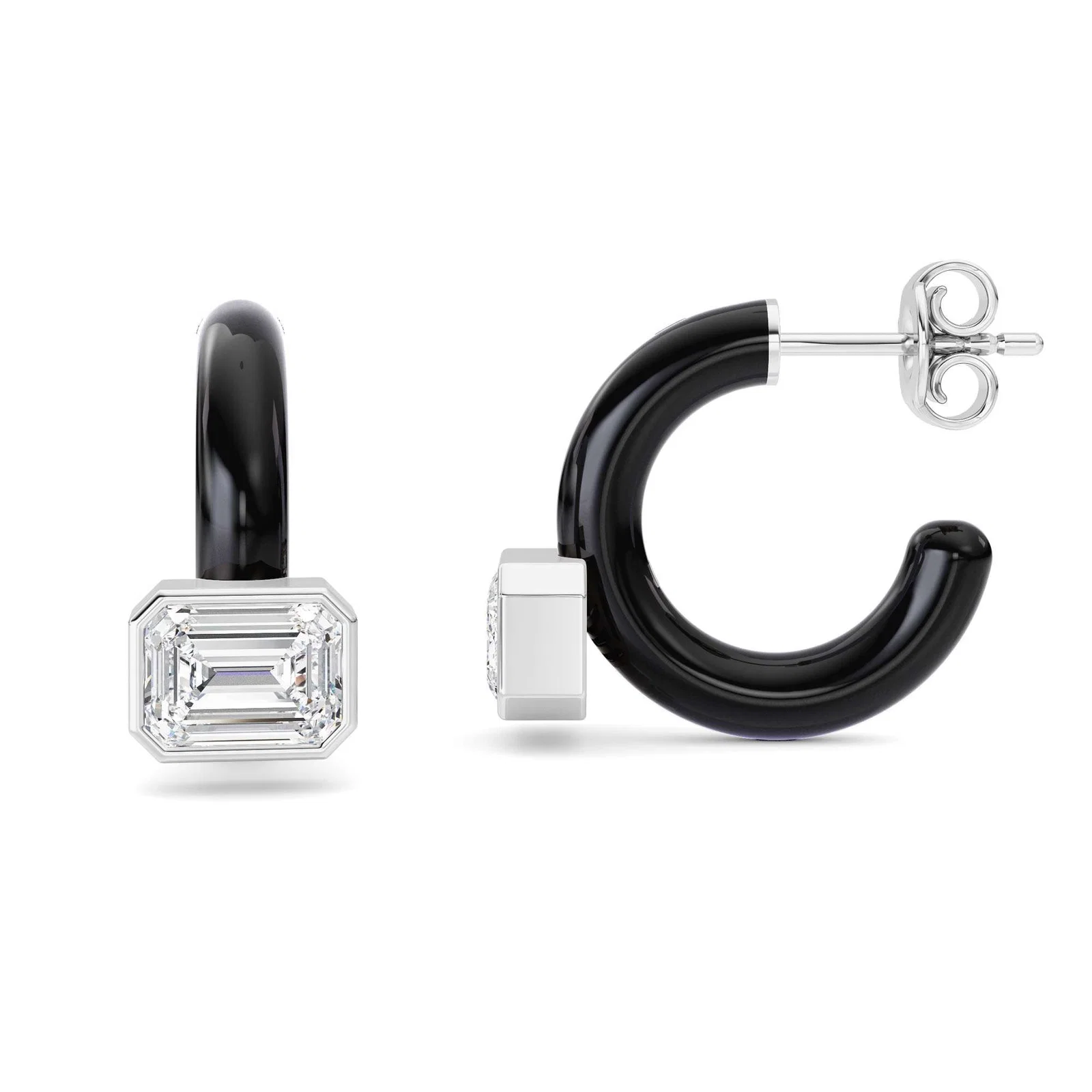 Emerald-cut diamond earrings with black hoop bail