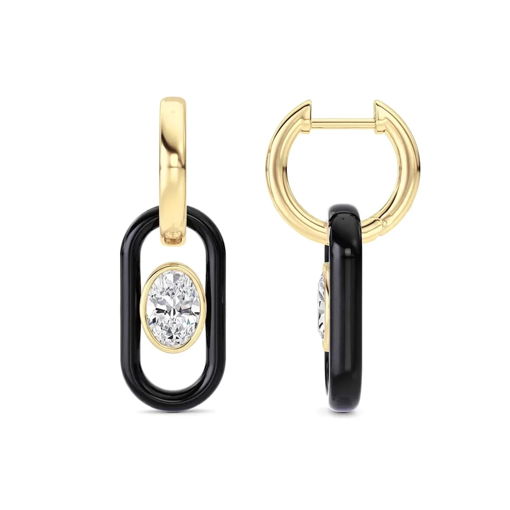 Oval hoop earrings with black oval link drop