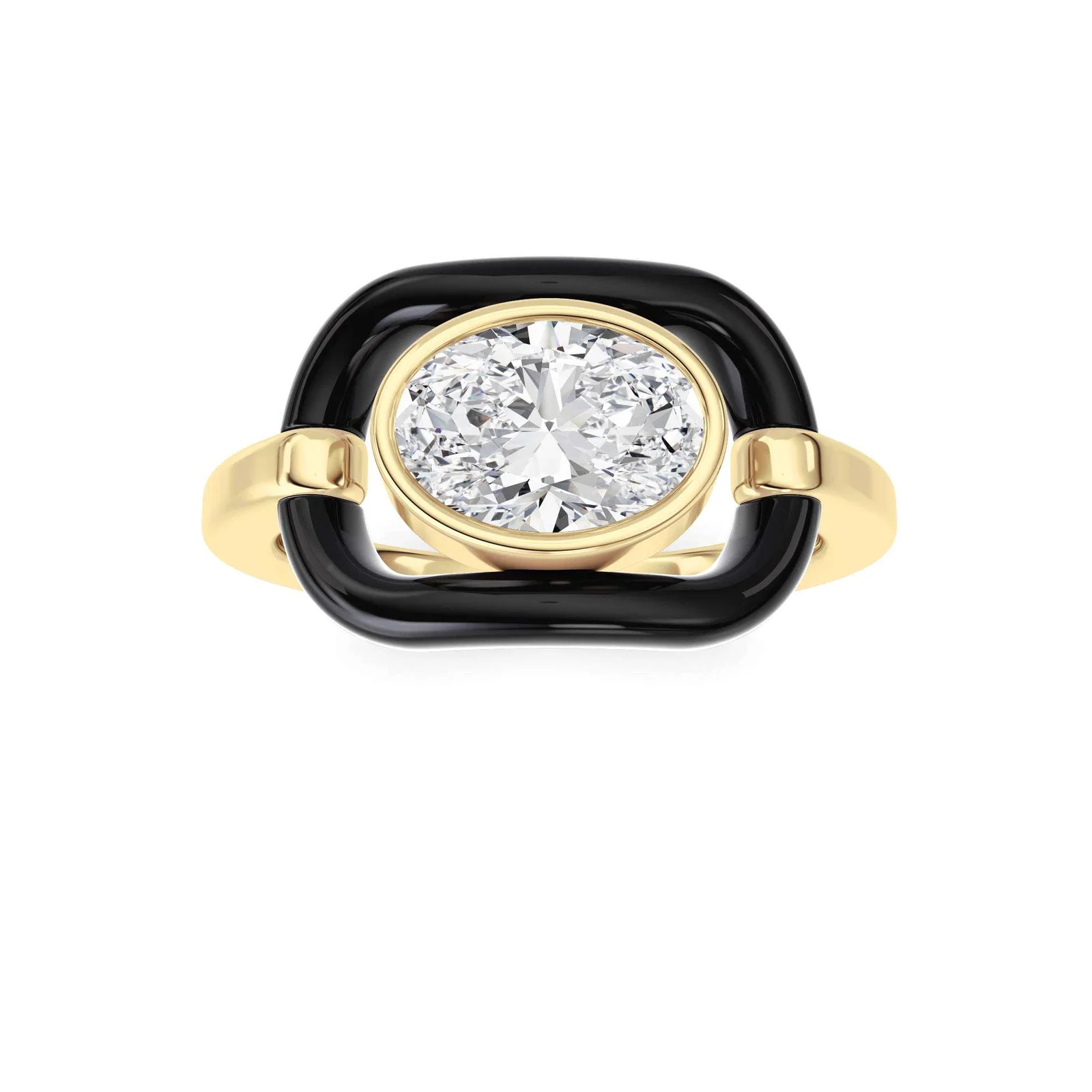 Fashion bezel oval ring, gold with black enamel frame and oval diamond center