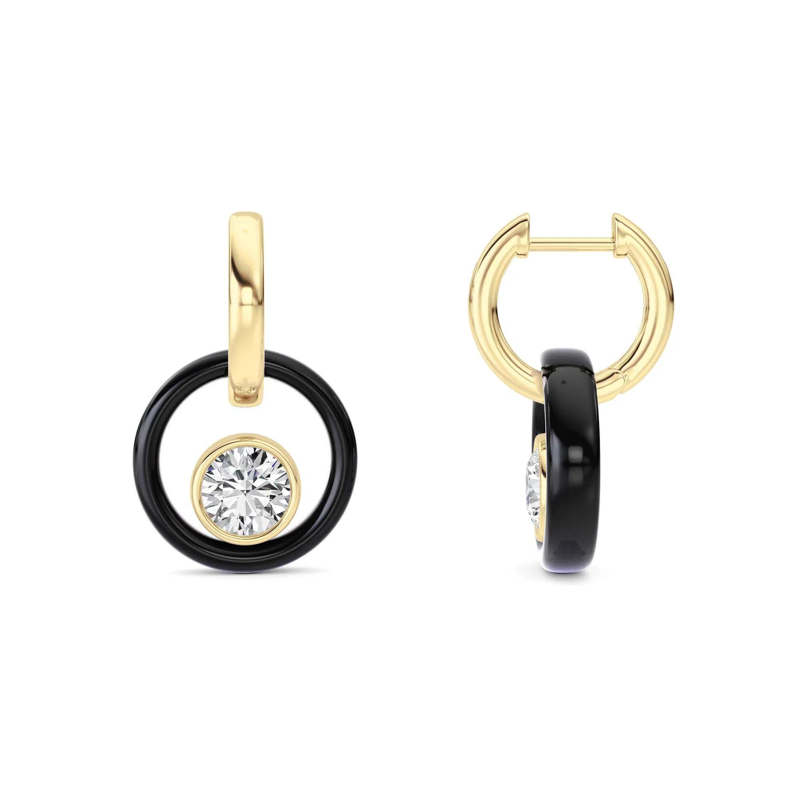 Round hoop earrings with black circle and round diamond drop