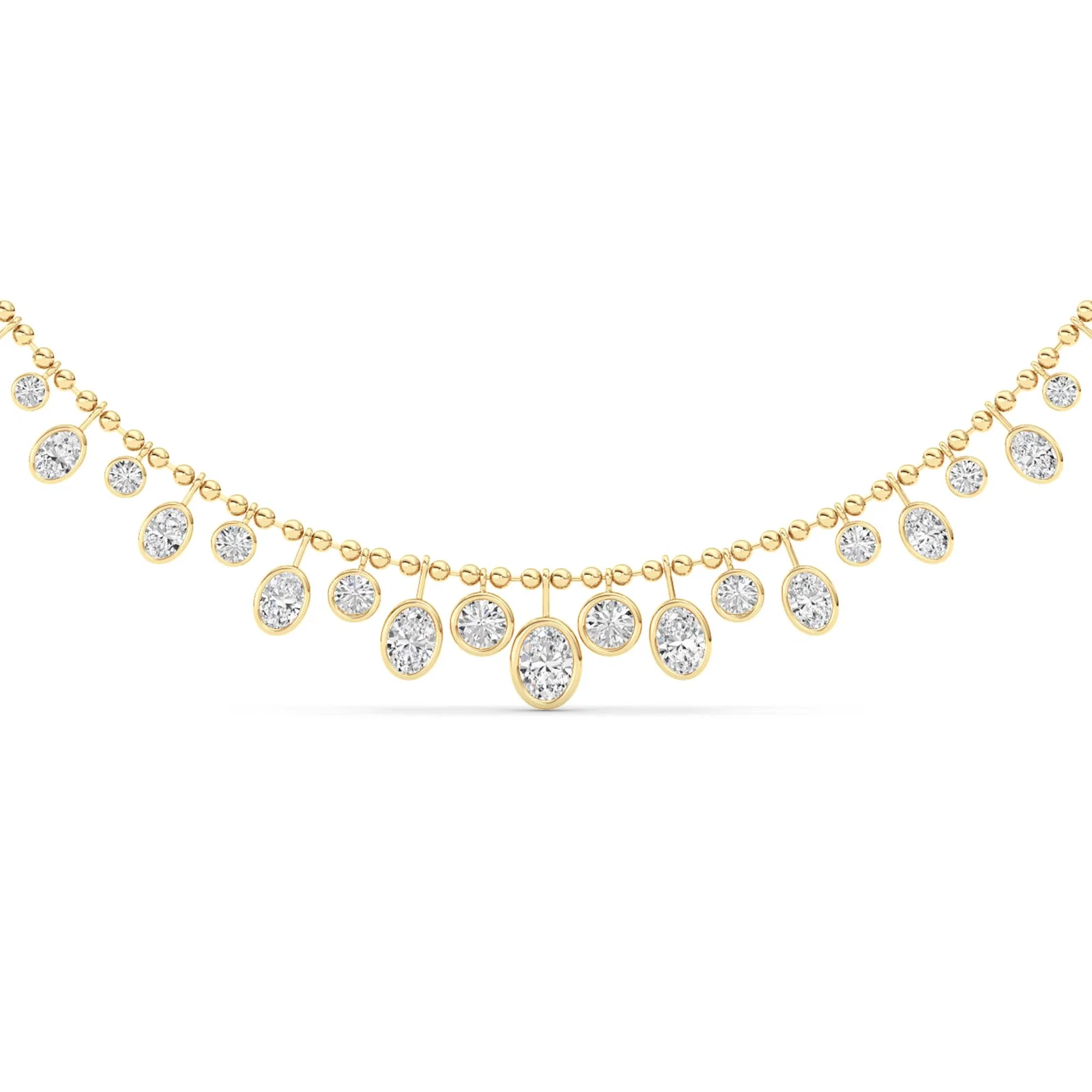 Bezel multi ball bead necklace, yellow gold beads with mixed-cut bezel diamond drops