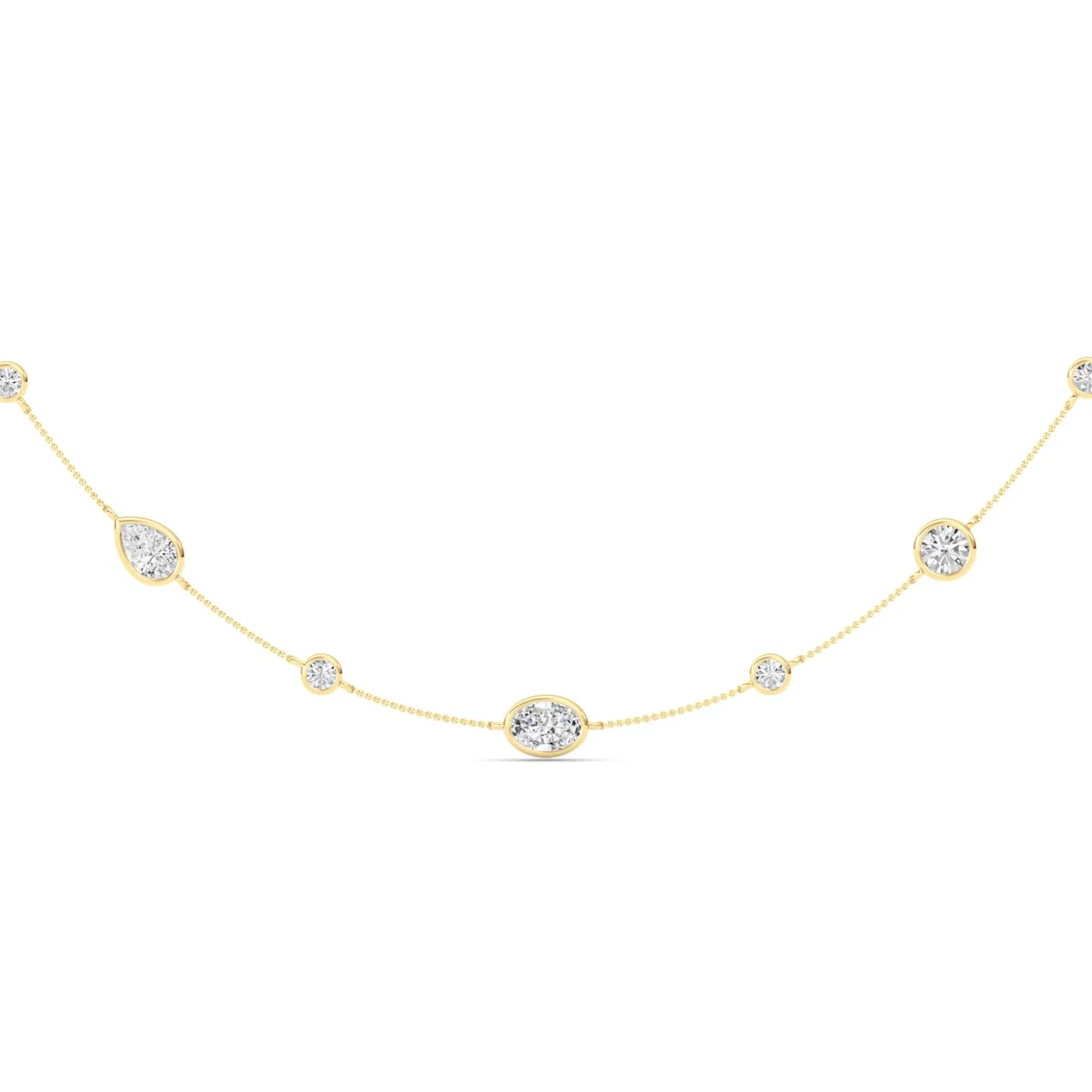 Bezel multi diamond by the yard necklace, yellow gold chain with mixed-cut diamond stations