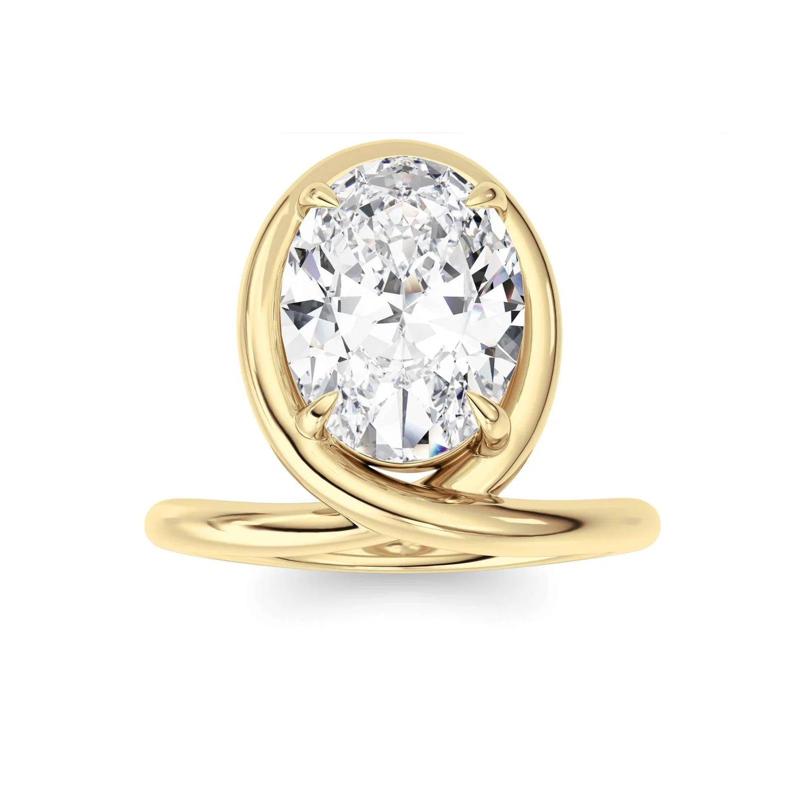 Fancy shank oval solitaire ring, yellow gold with sculpted wrap band