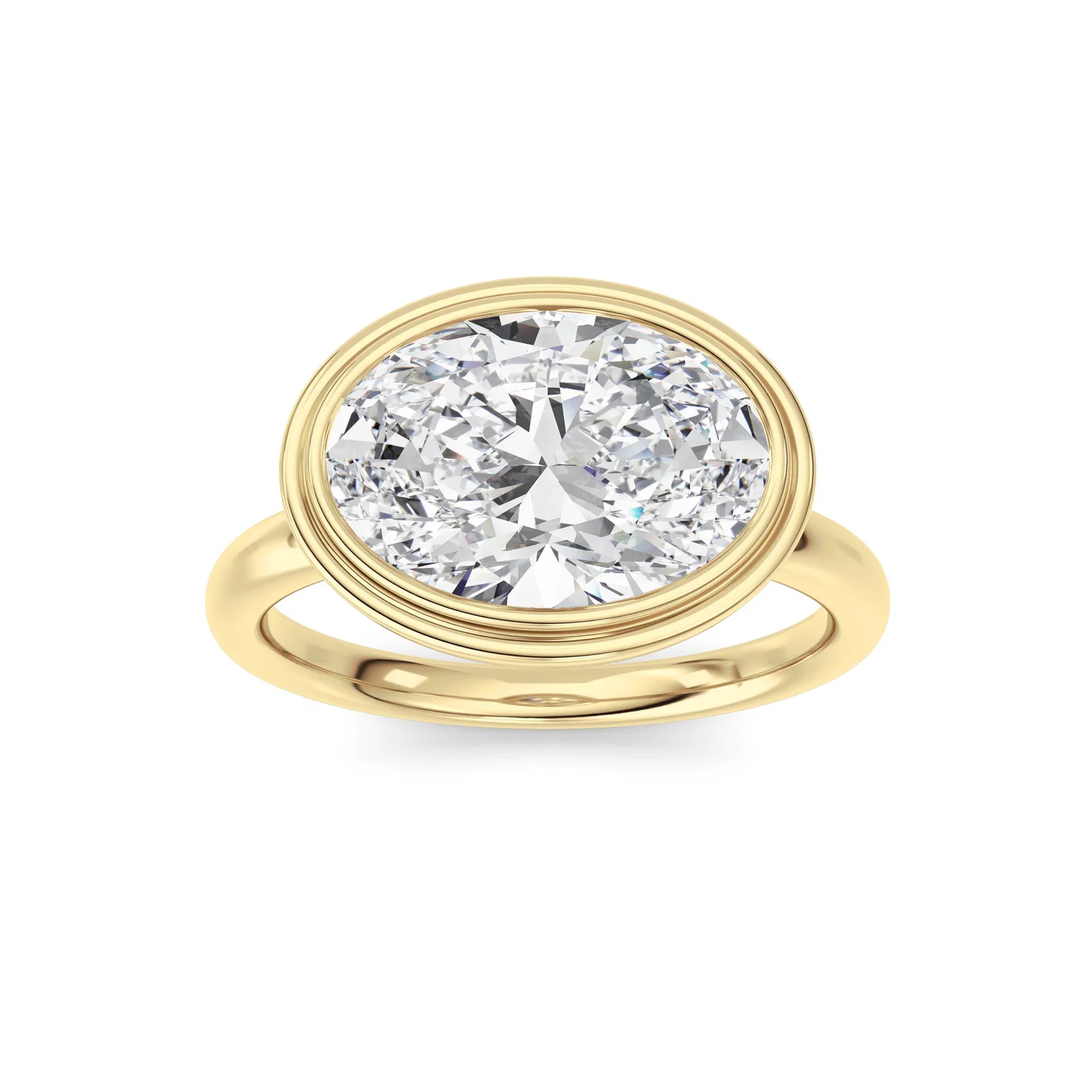 Bezel east west oval solitaire ring, yellow gold with oval diamond set sideways