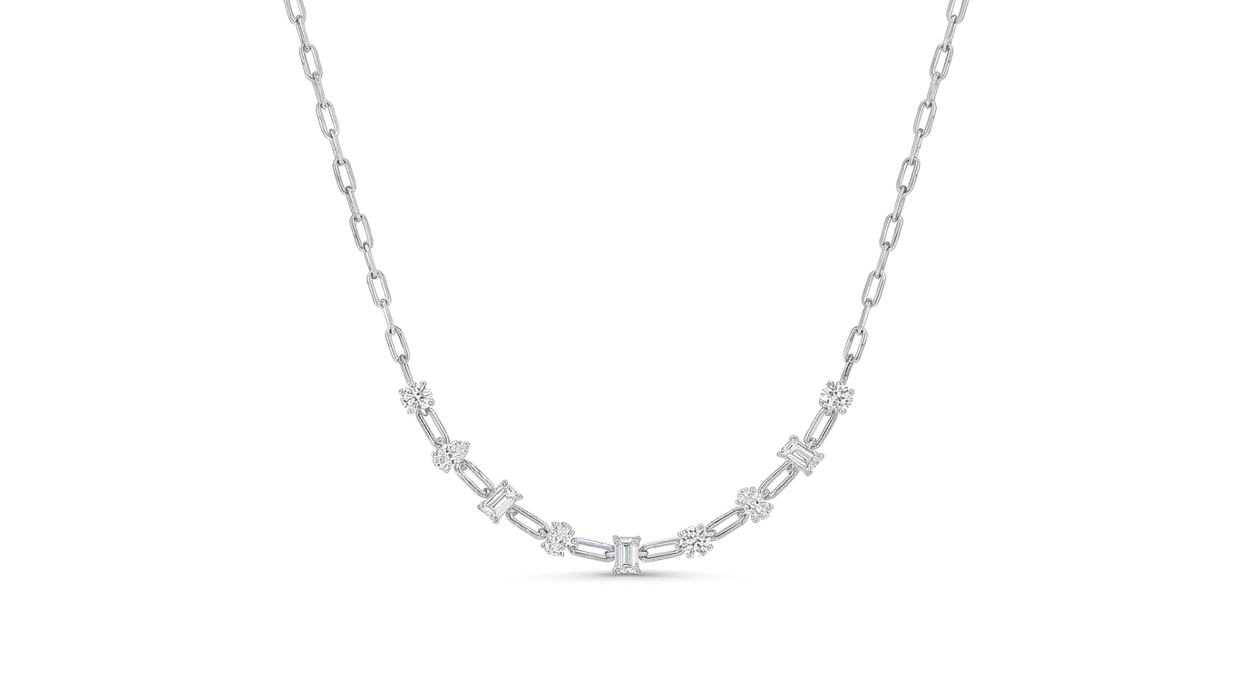 Link multi fashion necklace, white gold paperclip chain with mixed-cut diamond stations