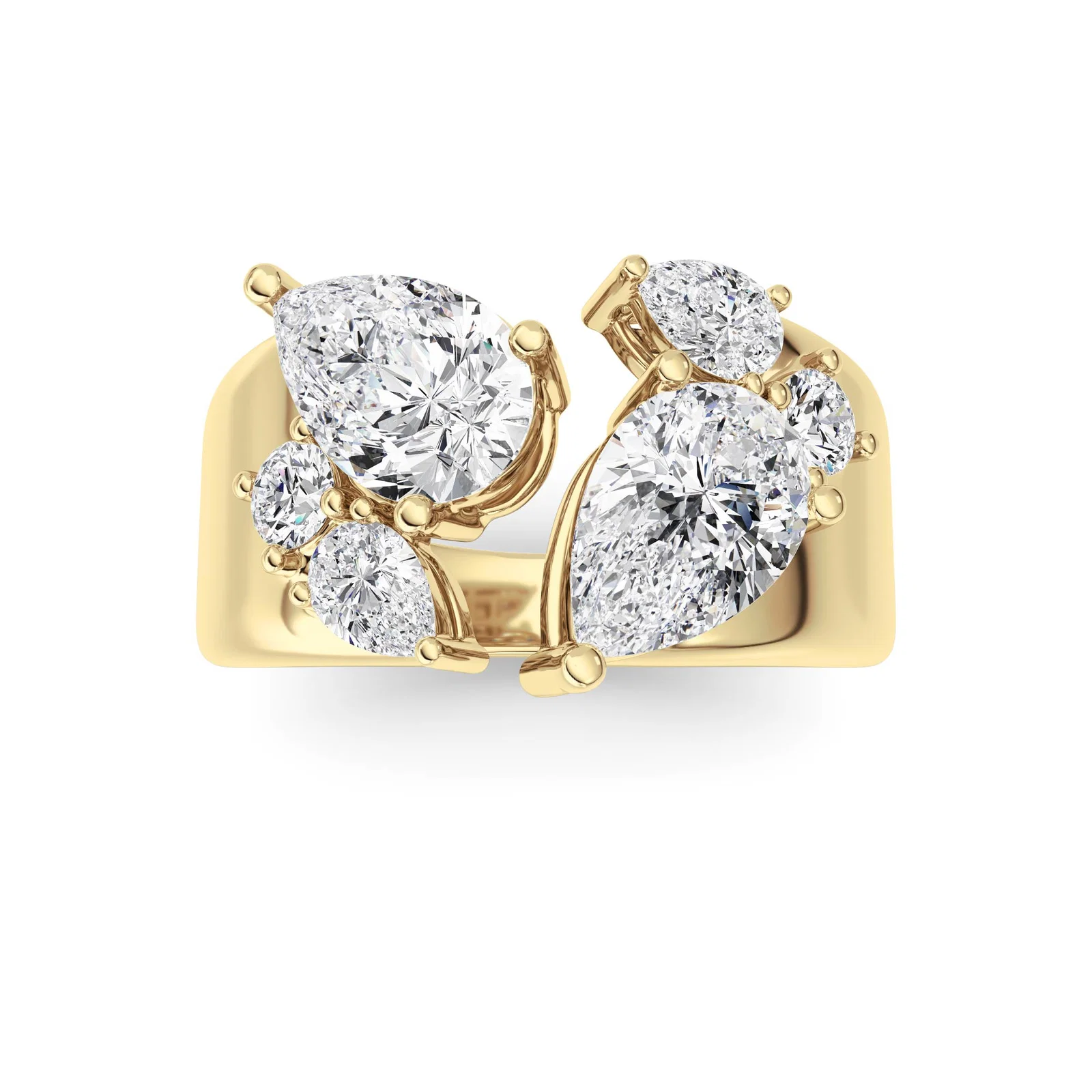 Open cigar band pear and round fashion ring, yellow gold with scattered pear and round diamonds