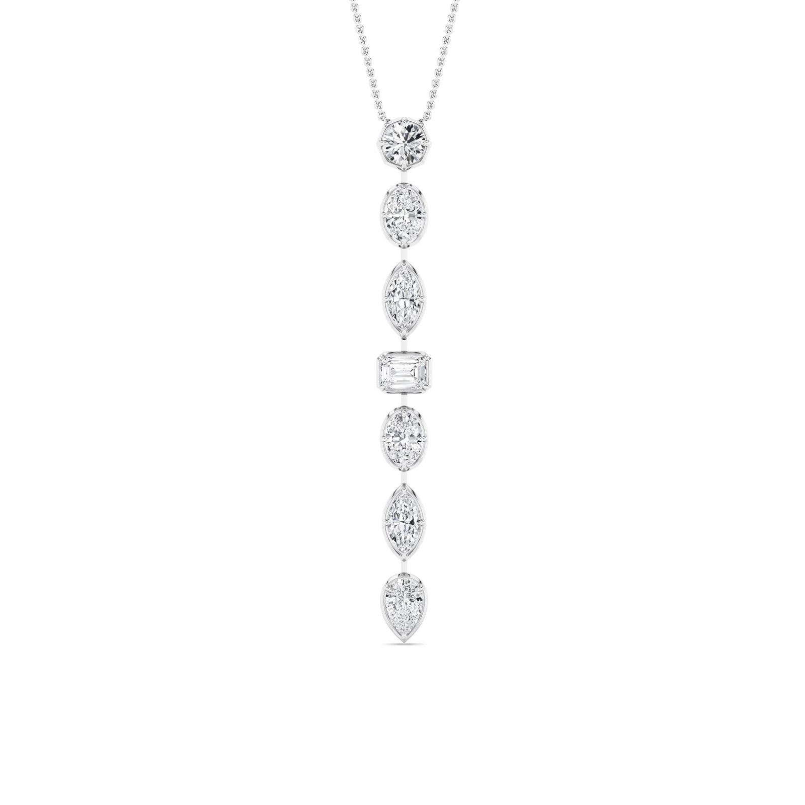Bezel multi linear pendant, white gold drop necklace with mixed-cut diamond line