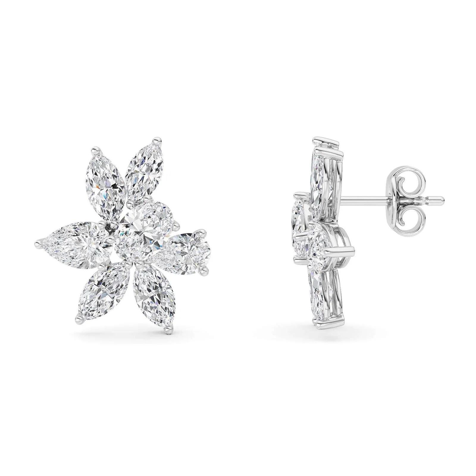 Fashion multi earrings, white gold cluster studs with marquise and pear diamonds