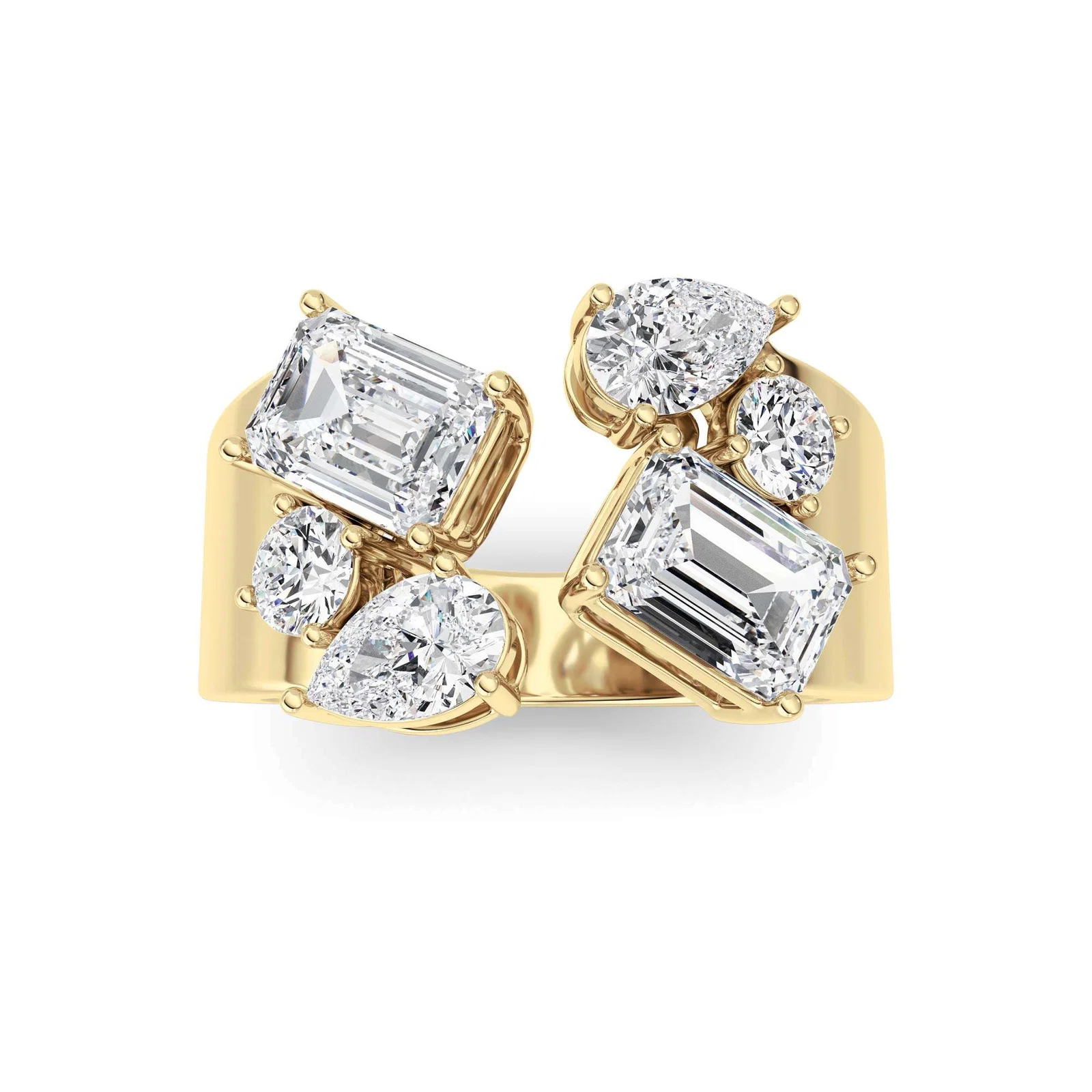 Fashion multi ring, yellow gold open band with emerald-cut and pear diamonds