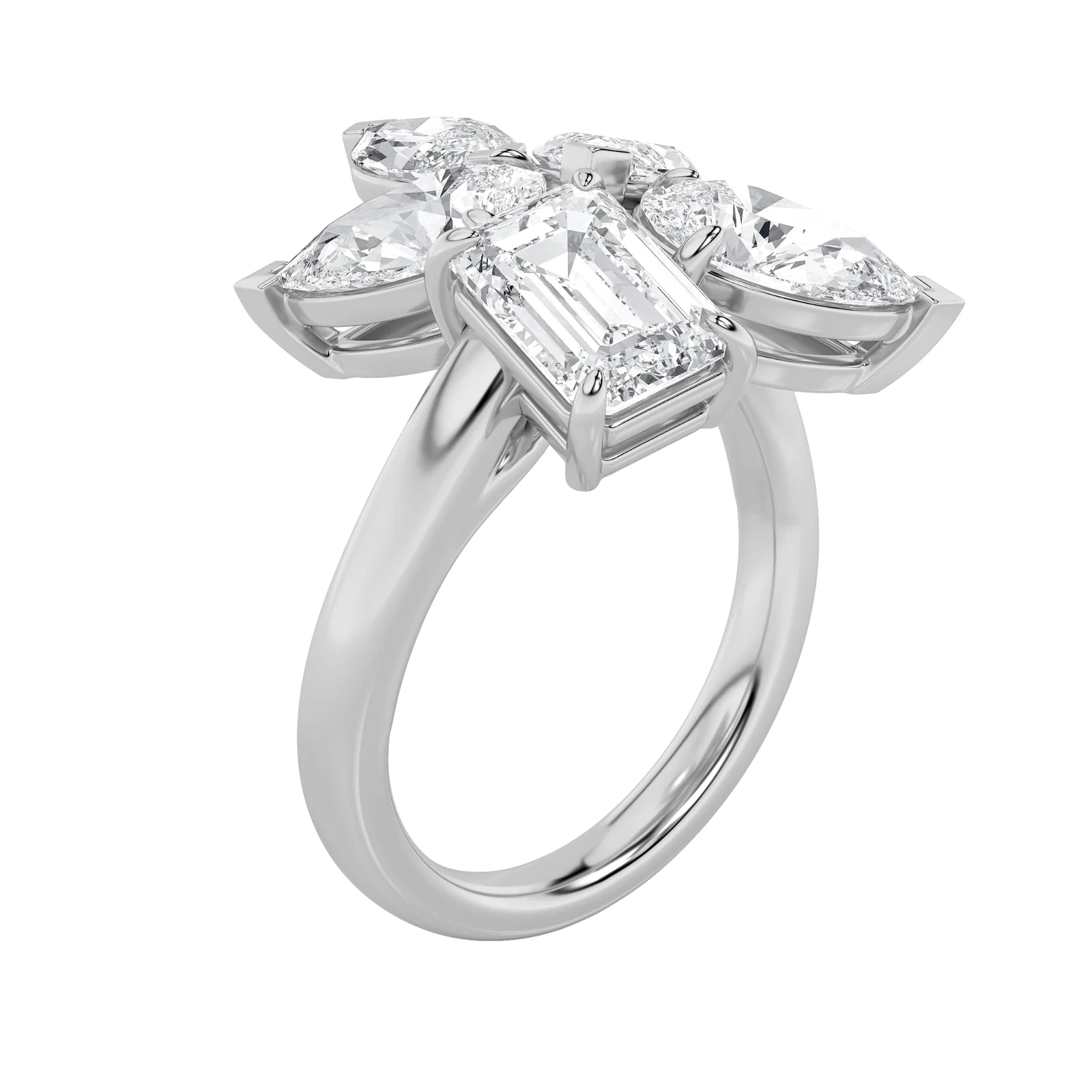 Cluster radiant fashion ring, white gold with emerald-cut center and pear halo