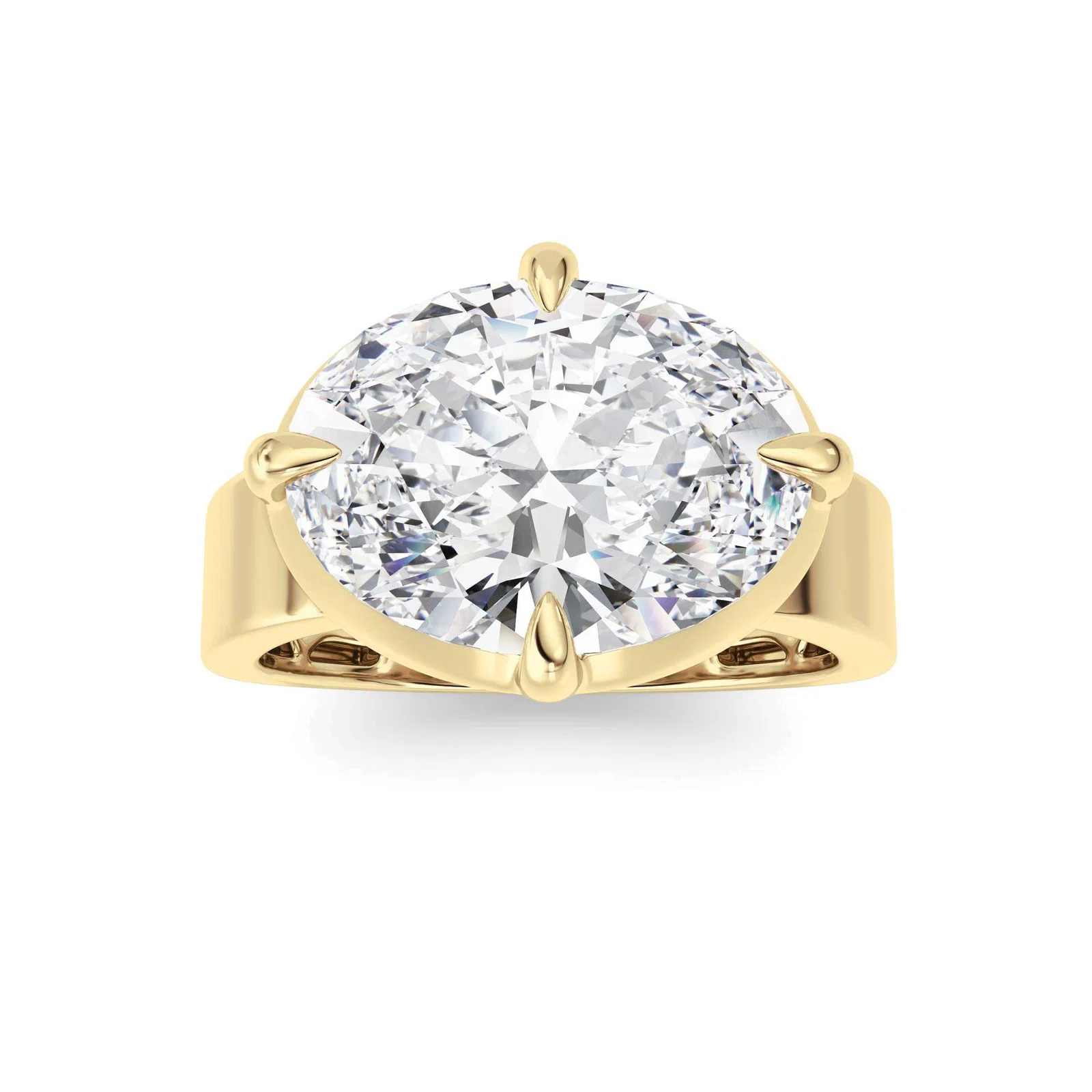 East west oval solitaire ring, yellow gold with oval diamond set sideways in claw prongs