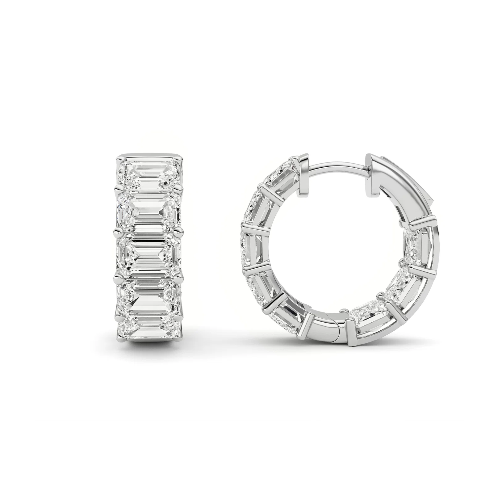 Inside out emerald hoop earrings, white gold with emerald-cut diamonds inside and out