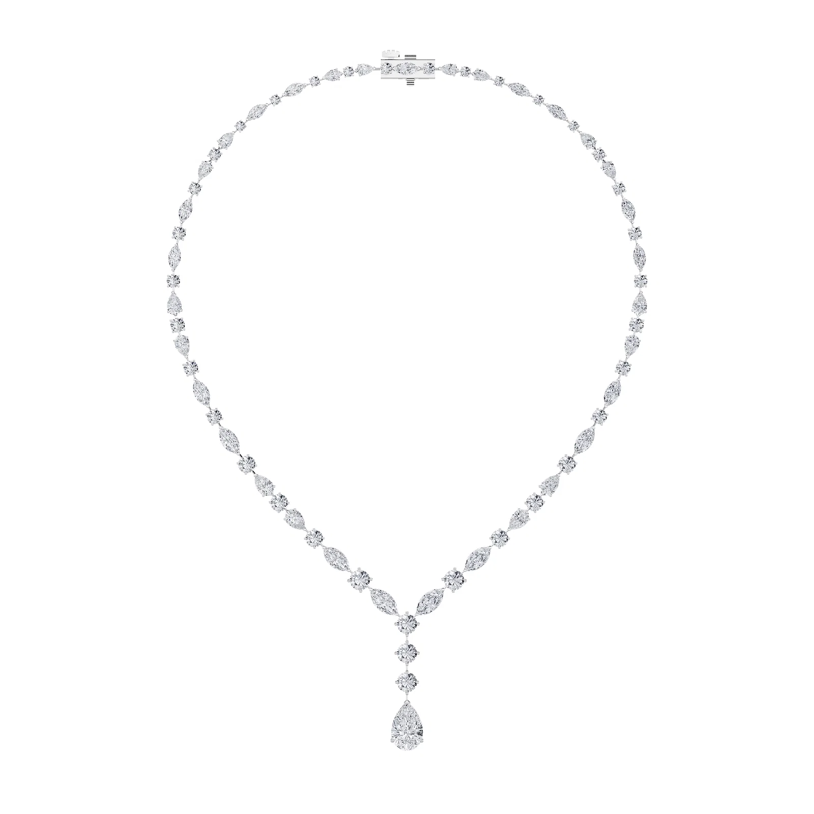 Multi shape multi lariat necklace, white gold with mixed-cut diamonds and pear drop