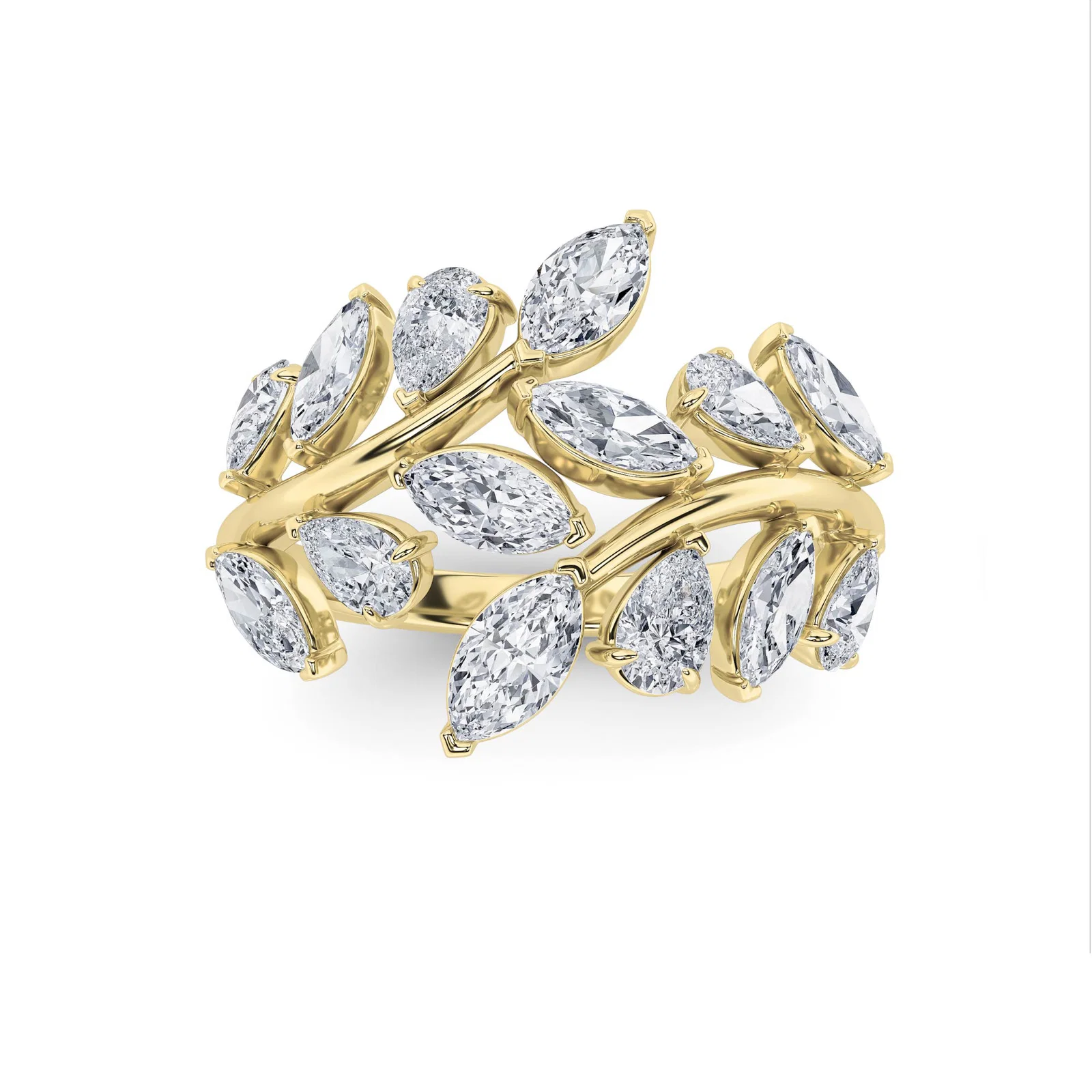 Leaf marquise fashion ring, yellow gold vine band with marquise diamond leaves