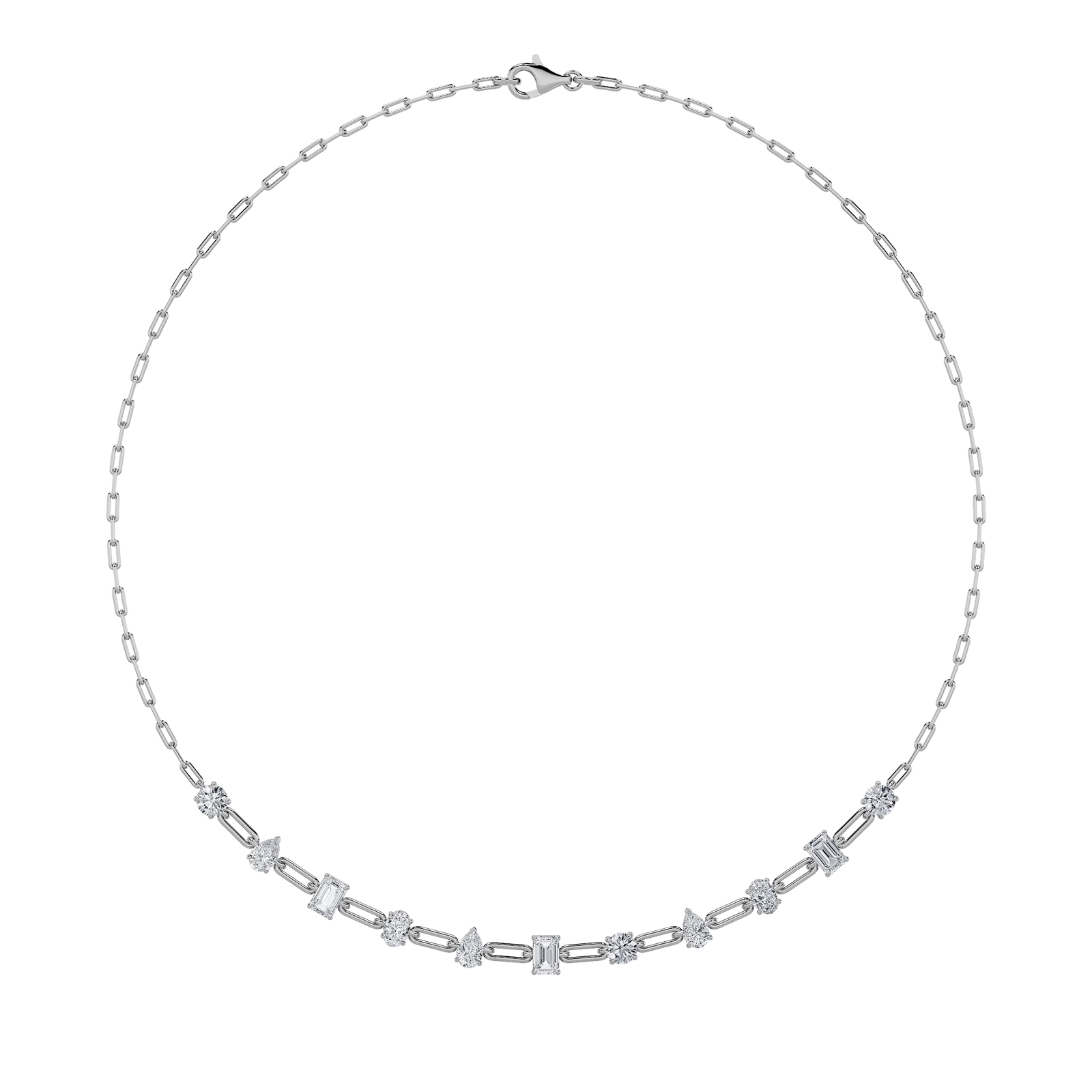 Link multi fashion necklace, white gold chain with diamond cluster stations