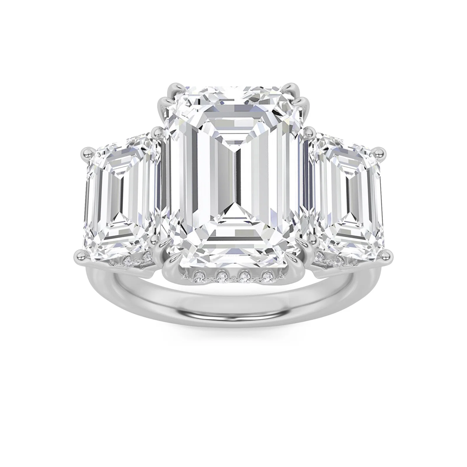 Three stone emerald statement engagement ring, white gold with emerald-cut trio